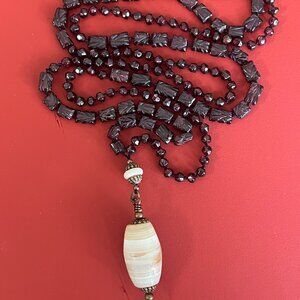 January Birthstone Garnet Long Necklace with Vintage Agate Pendant, Hand Knotted